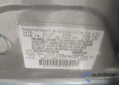 2019 Nissan Versa 1.6 Sv from USA, damaged, VIN 3N1CN7AP0KL830165